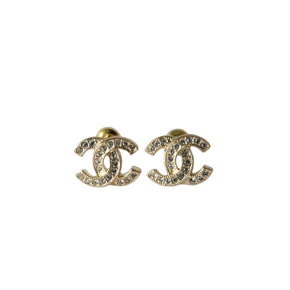 Chanel Crystal Strass CC Stud Earrings Gold - Picture 1 of 1